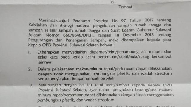 Pemprov Keluarkan Surat Edaran Tidak Gunakan Kemasan Plastik