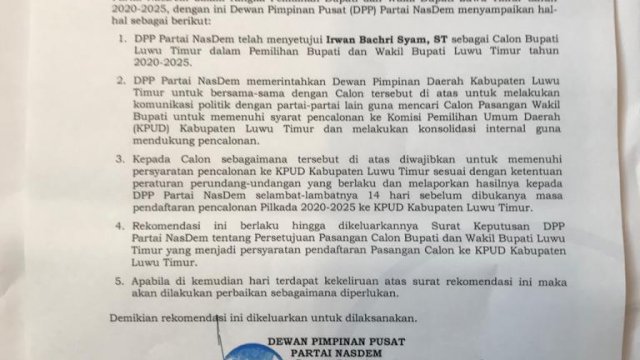 Irwan Bachri Syam Kantongi Rekomendasi Nasdem