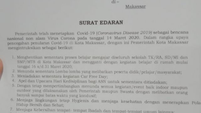 Walikota Makassar Liburkan Sekolah dan Tindakan CFD  Hingga 31 Maret