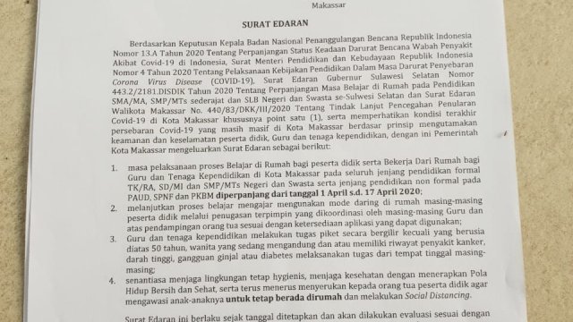 Pemkot Makassar Perpanjang Masa Belajar Dirumah