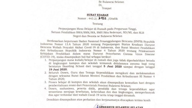 Gubernur Sulsel Keluarkan Surat Edaran Perpanjangan Masa Belajar 5-19 Juni 2020