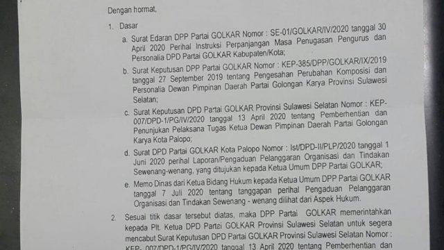 Jelang Musda DPP Perintahkan Golkar Sulsel Cabut SK PLT Kota Palopo