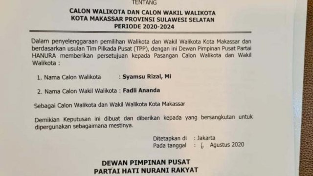 Hanura Resmi Usung DILAN di Pilkada Makassar