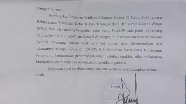 Lurah Kassi-Kassi Main Pecat Ketua RT Pasca-Pilkada