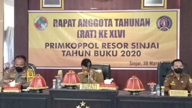 RAT ke-46 Primkoppol Resor Sinjai Tahun Buku 2020 sesuai dengan protokol kesehatan di ruang aula Parama Satwika Mapolres Sinjai, Selasa (30/3/2021).
