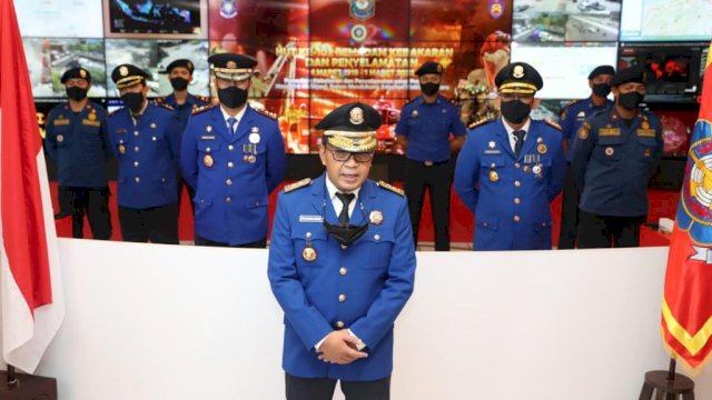 Danny saat mengikuti upacara tingkat nasional HUT Pemadam Kebakaran dan Penyelamatan ke-102 Tahun 2021 secara virtual, Senin (1/3/2021). | Tim

