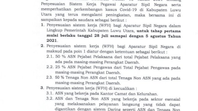 Kasus COVID-19 Meningkat, ASN Lutra Kembali Kerja dari Rumah. Berlaku Mulai 28 Juli 2021