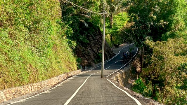 Foto tiang listrik yang tertanam di tengah jalan ruas Botolempangan - Bonto Katute Sinjai, Munte, Palampang Bulukumba, Sulsel, Jumat (3/9). | trotoar.id