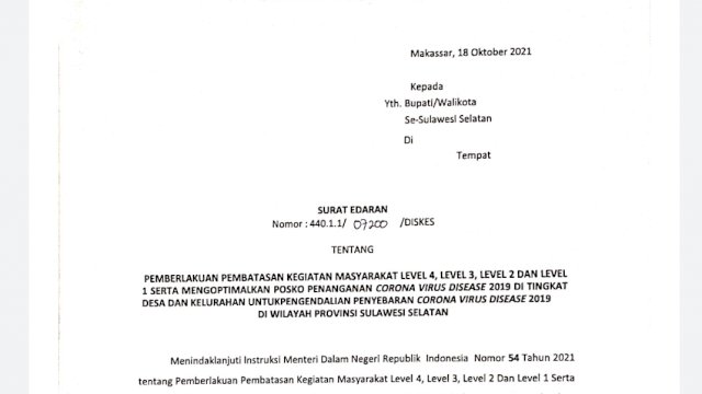 Plt Gubernur Sulsel Keluarkan Surat Edaran Terbaru Penetapan PPKM
