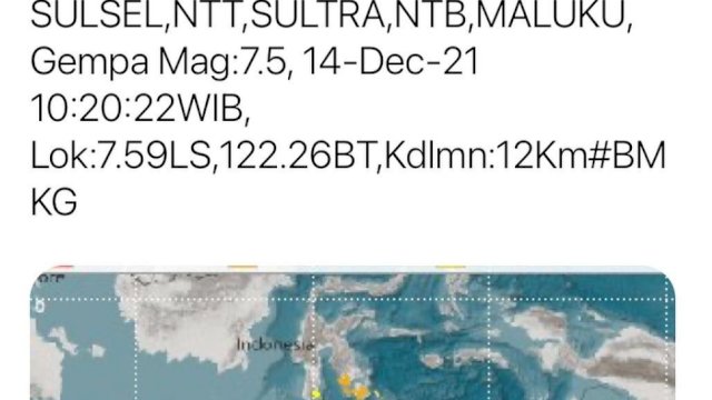BMKG keluarkan Peringatan Tsunami di Sulsel, Sultra, Maluku, NTB, NTT, Pasca Gempa 7.5 Magnitudo