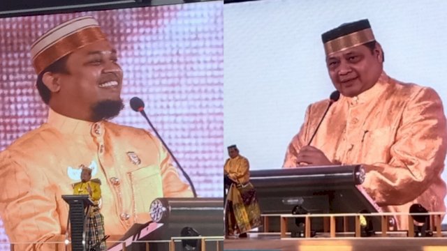 Plt Gubernur Sulsel, Andi Sudirman Sulaiman (kiri), dengan Ketum Partai Golkar, Airlangga Hartarto (kanan). Kompak sama-sama pakai baju warna kuning di acara MKGR yang digelar di Makassar, Minggu (16/1) malam. Foto: Alam/trotoar.