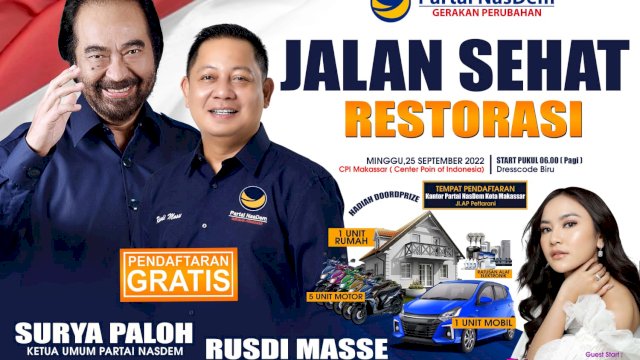 Partai NasDem Sulawesi Selatan akan menggelar Jalan Sehat Restorasi, Minggu (25/9/2022). Jalan sehat ini akan dihibur oleh artis ibu kota.