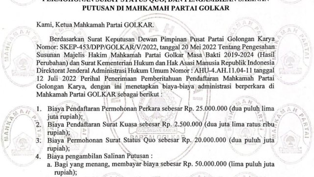 Perkara di Mahkamah Partai mandek, biaya perkara terlalu tinggi mencapai puluhan juta rupiah