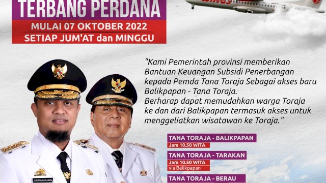 Disuntik’ Bantuan Keuangan Provinsi Sulsel, Besok Penerbangan Perdana Toraja – Balikpapan