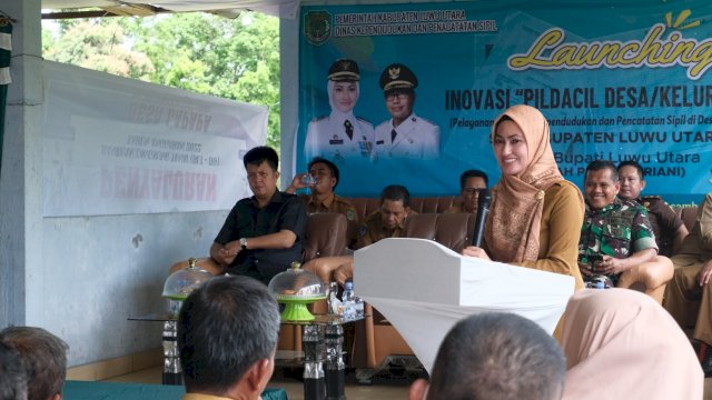Bupati Luwu Utara Indah Putri Indriani launching Inovasi "Pildacil Desa/Kelurahan" Pelayanan dokumen kependudukan dan pencatatan sipil di Desa/Kelurahan Se-Kabupaten Luwu Utara.