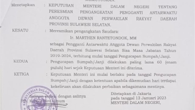Salinan Keputusan SK Kemendagri Tentang poengesahan Pengangkatan ANggota DPRD Sulse;l Sisa Masa Jabatan 2019-2024 