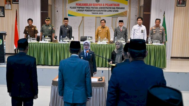 Sembilan Pejabat Pimpinan Tinggi Pratama resmi dilantik dan diambil sumpahnya oleh Bupati Luwu Utara, Indah Putri Indriani, Senin (3/7) di Aula La Galigo.