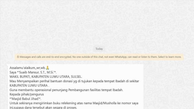 Nomor WA dengan Foto Profil Wabup Lutra Beredar, Minta Penggalangan Dana Tempat Ibadah