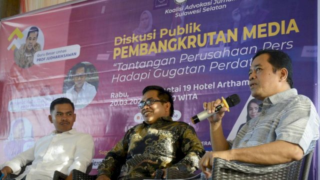 Koalisi Advokasi Jurnalis (KAJ) Sulawesi Selatan mengadakan Diskusi Publik tentang "Tantangan Perusahaan Pers dalam Menghadapi Gugatan Media" di Hotel Arthama pada Rabu (20/3/2024) sore.