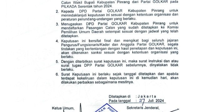 Golkar Resmi Usung Jaya Baramuli dan Usman Marham untuk Pilkada Pinrang 2024